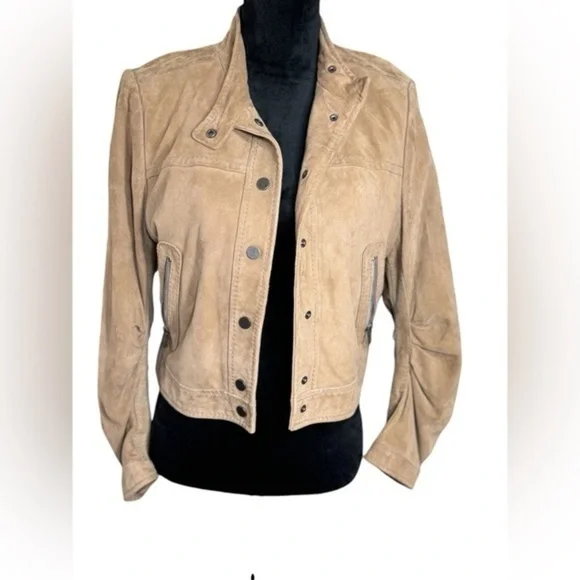 BCBGMAXAZRIA Tan Leather Moto Jacket Women’s Size M | Suede Finish - Picture 2 of 8